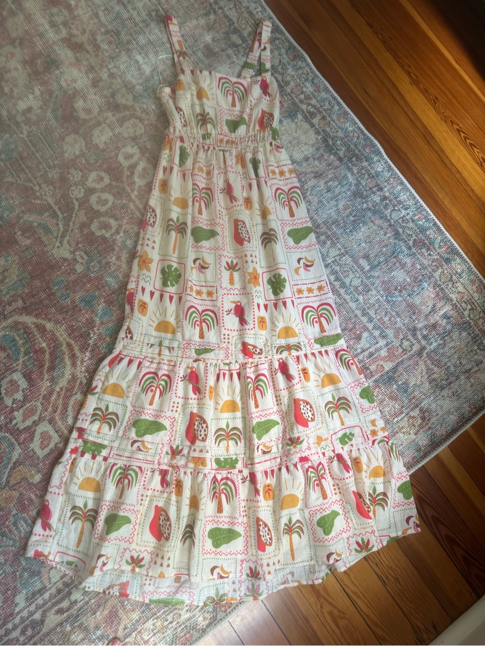 White Tiered Tropical Print Maxi Sundress with Pink & Green Accents